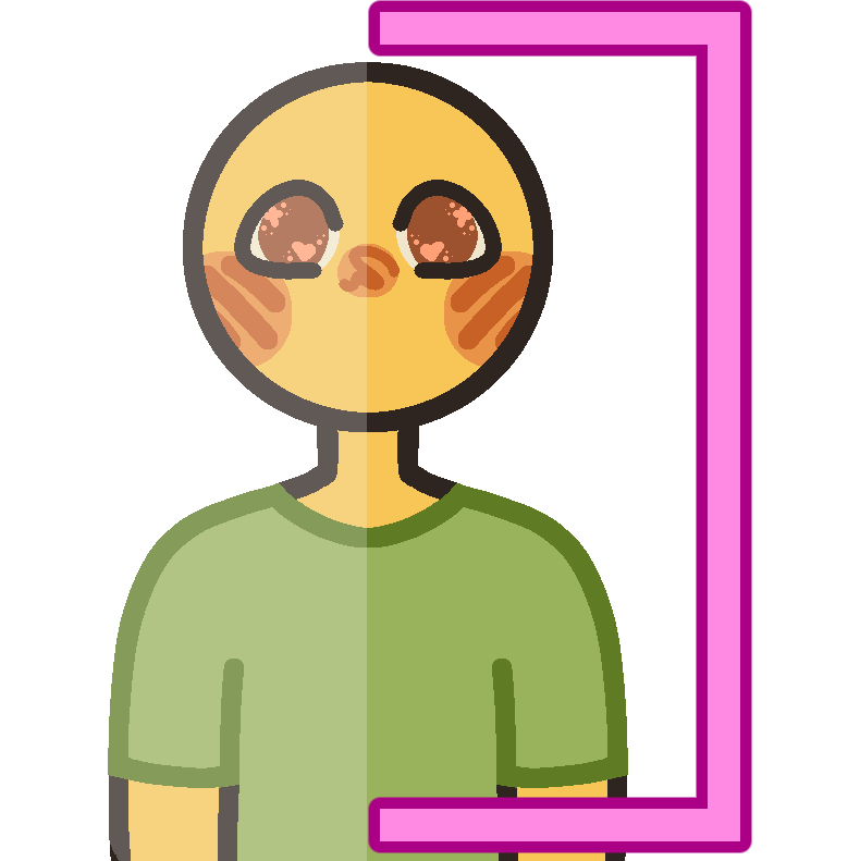 a yellow person with brown eyes and a green shirt. on their left side they are shaded, on the right side they are not and have a pink closed bracket ] next to them
